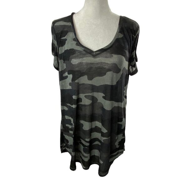 LUCKY BRAND Burnout Tee Camo Black Gray Short Sleeve L 80-13 - Picture 1 of 14